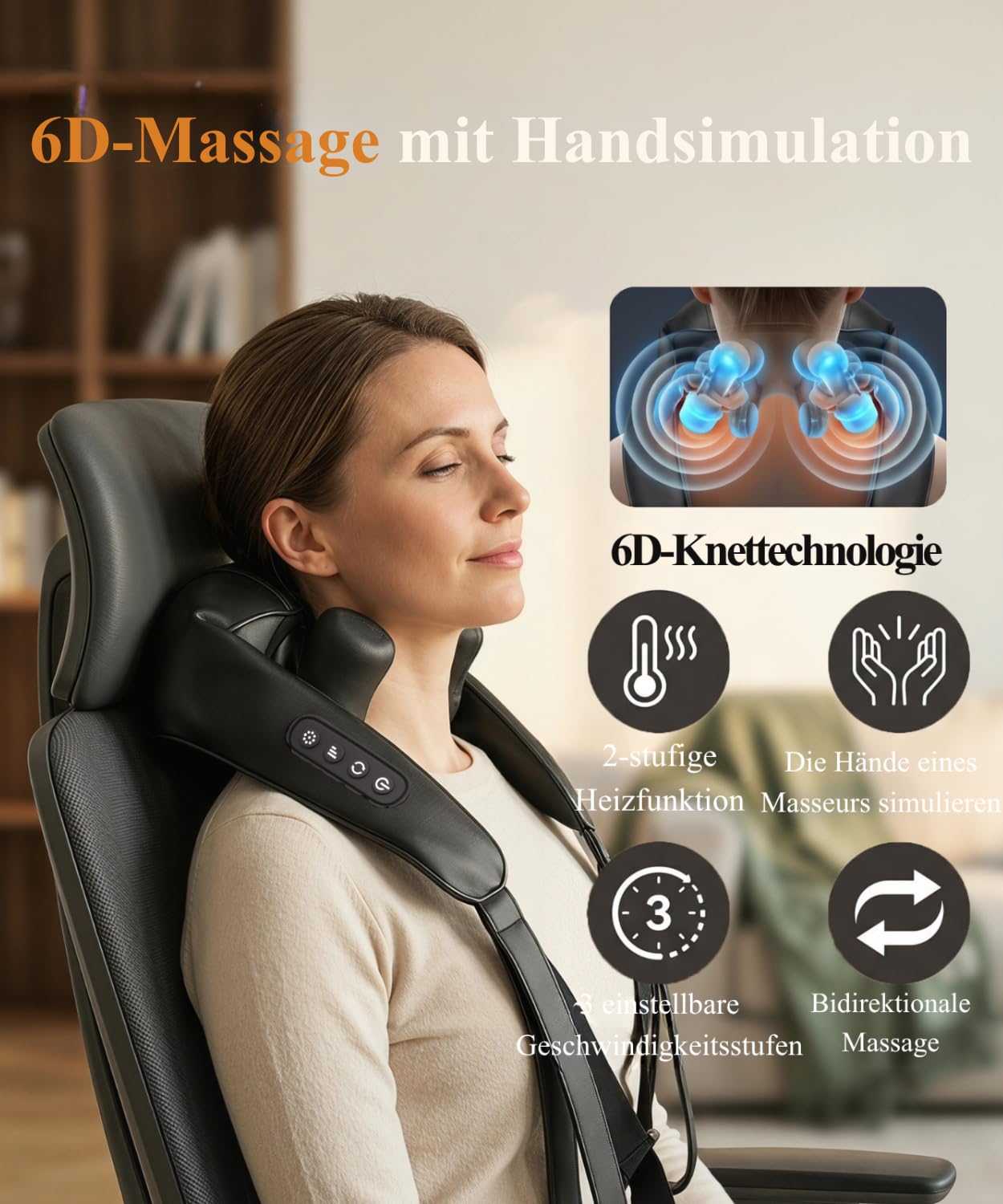 Kabelloses Shiatsu Massagegerät 4D,Nackenmassagegerät mit Wärme, 4D Shiatsu Tief knetende Nackenmassage für Nacken, Schulter, Rücken, Geschenke für Frauen Männer
