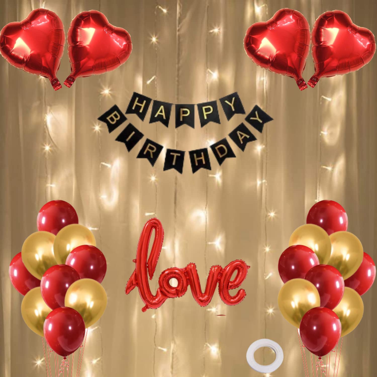 FI - FLICK IN 40 pcs Happy Birthday Decorations Combo Metallic Love Foil Balloon Led Light Decor Happy Birthday Banner Birthday Decoration Items for Kids Adults Husband & Wife (Pack of 40,Multicolor)