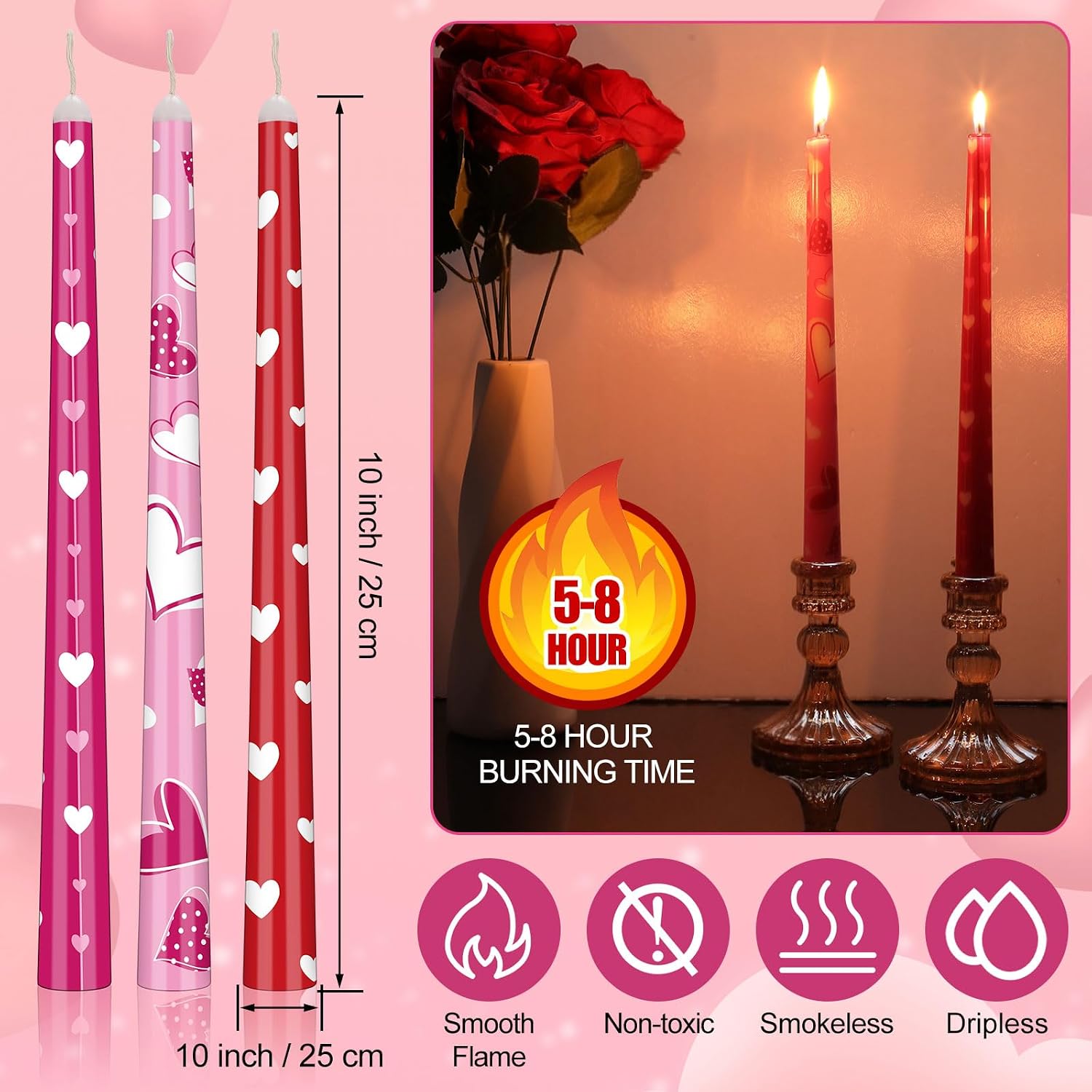 Nuanchu 6 Pcs Valentine Taper Candles Real Wax Pink Red Heart Taper Candles 10 Inch Unscented Tall Candlesticks Long Burning Paraffin Wax with Cotton Wick for Wedding Valentines Gift