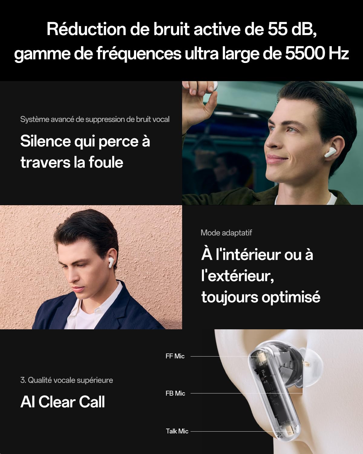 Oppo Enco X3s Écouteurs True Wireless, Auriculaires Bluetooth 5.4 avec Son Dynaudio, Audio Hi-Res LHDC 5.0, ANC Hybride 55dB, 45H d'Autonomie, IP55, Double Drivers Dynamiques, Nebula Silver