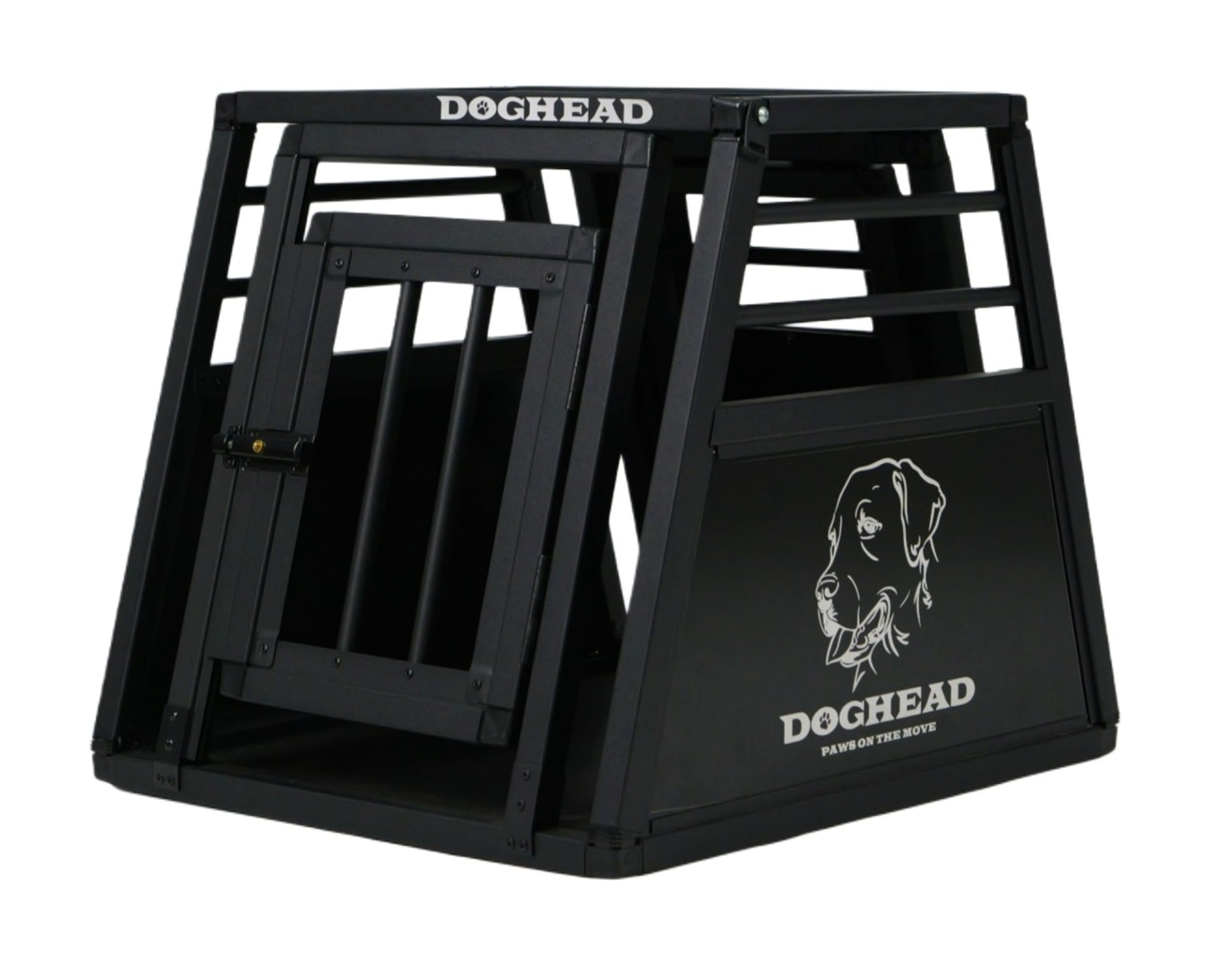 DOGHEAD Hundetransportbox Proline, Single 50x60x50 cm, Schwarz, Aluminium, Beidseitig Abgeschrägt 75°, mit Notausstieg