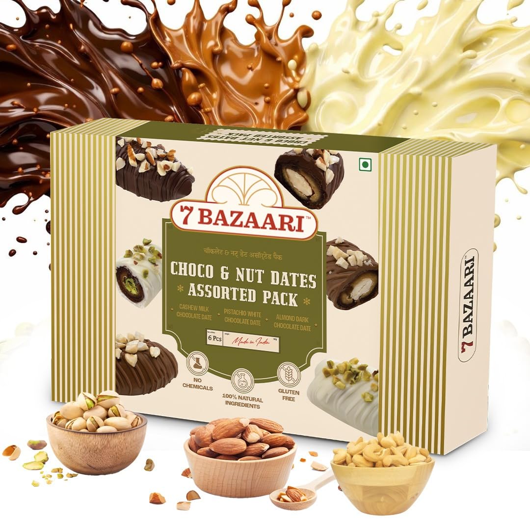 Premium Choco & Nut Dates - Gluten Free, Natural Ingredients - Assorted Almond Dark Chocolate, Cashew Milk Chocolate- 6pcs (Pack of 1)