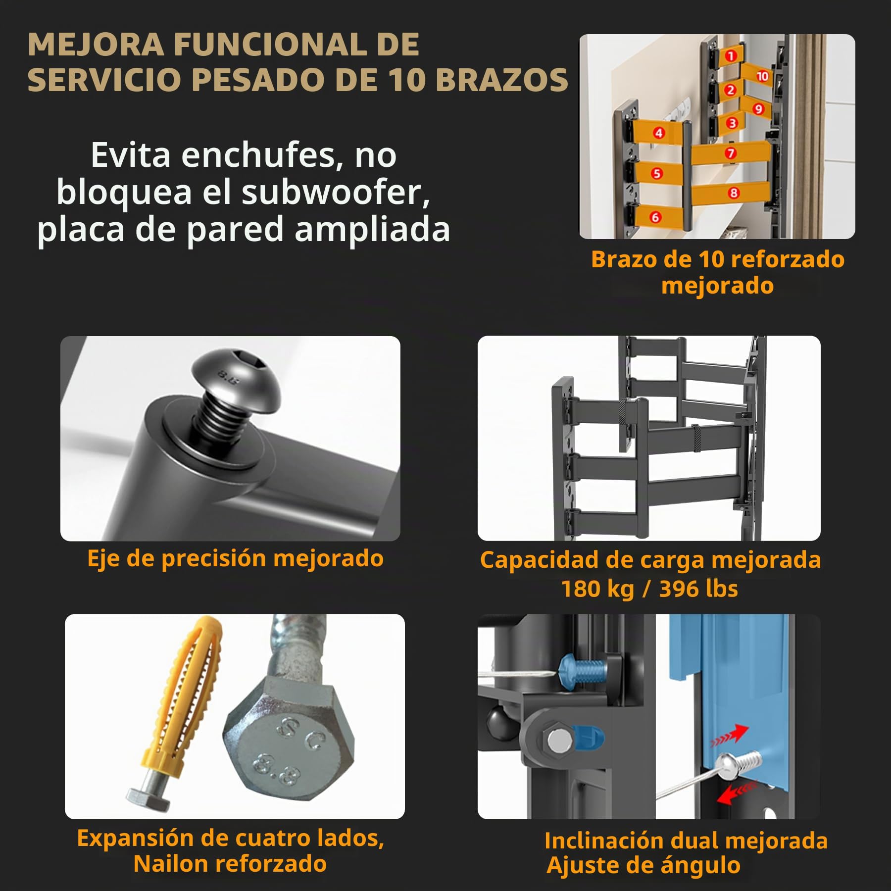 Soporte TV de Pared 10 Brazos Gran Carga 180 kg para Televisiones 70-120 Pulgadas, Articulado con Placa Separada, VESA 800x600 mm, Diseño Ultradelgado 35mm