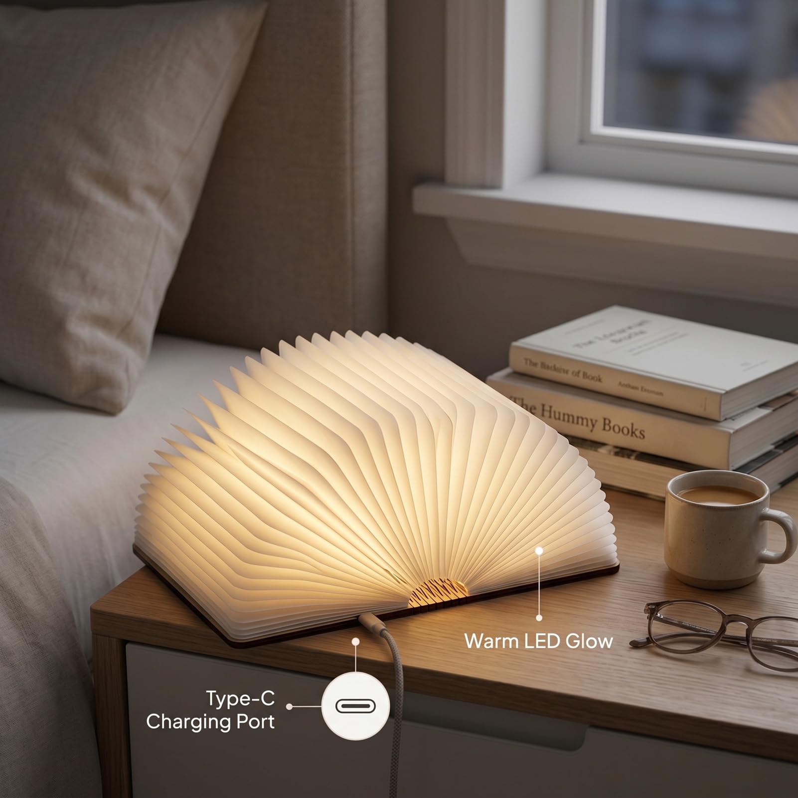 Fockety Zusammenklappbares LED-Buchlicht, USB Wiederaufladbar, 1200 MAh Akku, Verstellbares Warmweißes Licht, Holzpapier-Nachtlicht mit Magnetverschluss Zum Lesen, Zuhause, Bibliothek, (schwarze