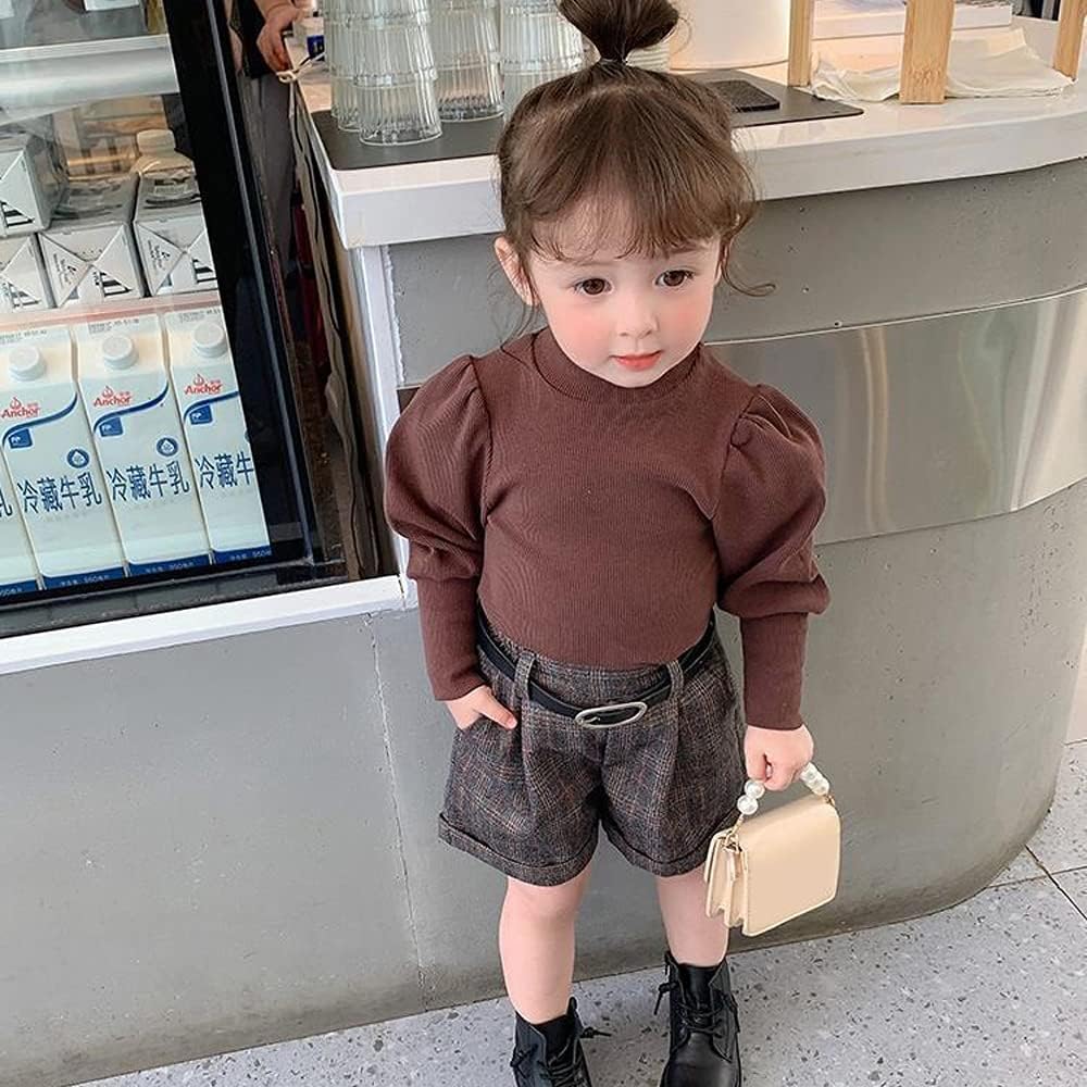 Toddler Baby Girl Basic Solid Color Turtleneck T Shirt Ribbed Knit Top Puff Long Sleeve Soft Cotton Clothes - Image 2