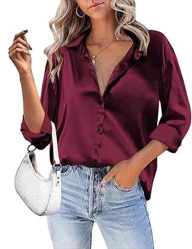 HOTOUCH Women Satin Silk Button Down Shirt Ladies Long Sleeve