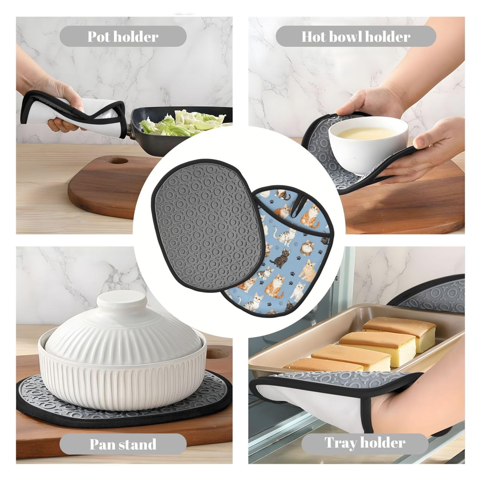 Topflappen, Silikon, Baumwollfutter, hitzebeständig bis 260 °C, rutschfester Griff, 19,1 x 23,9 cm, ovale Kochpads für Ofen, Kochen (Katze, Topflappen)