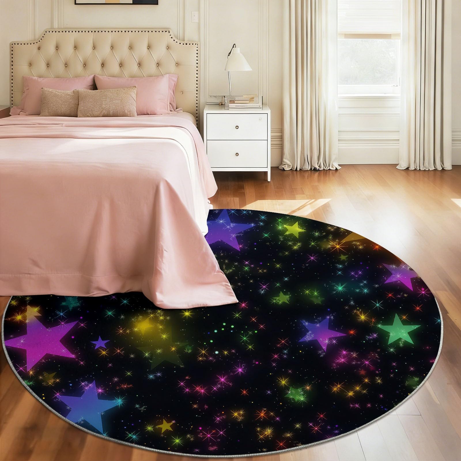 Tapis Rond pour Chambre Enfant, Tapis Rond Galaxie Fantaisie pour Garçons Filles Design Ciel Nocturne Étoilé Dégradé, Lavable et Antidérapant pour Espace de Jeu, Multicolore Dimension:100 cm