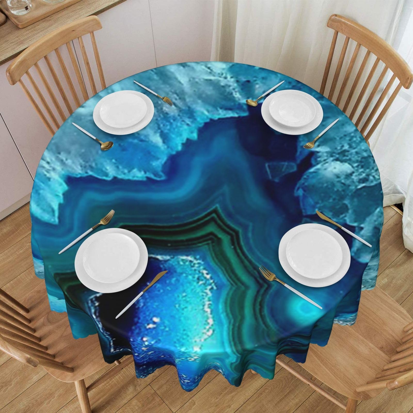 DCEHGEW 60 In Round Tablecloth with Lace, Bright Aqua Blue Turquoise Printed Oilproof & Washable Fabric Picnic Table Cloth Table Covers