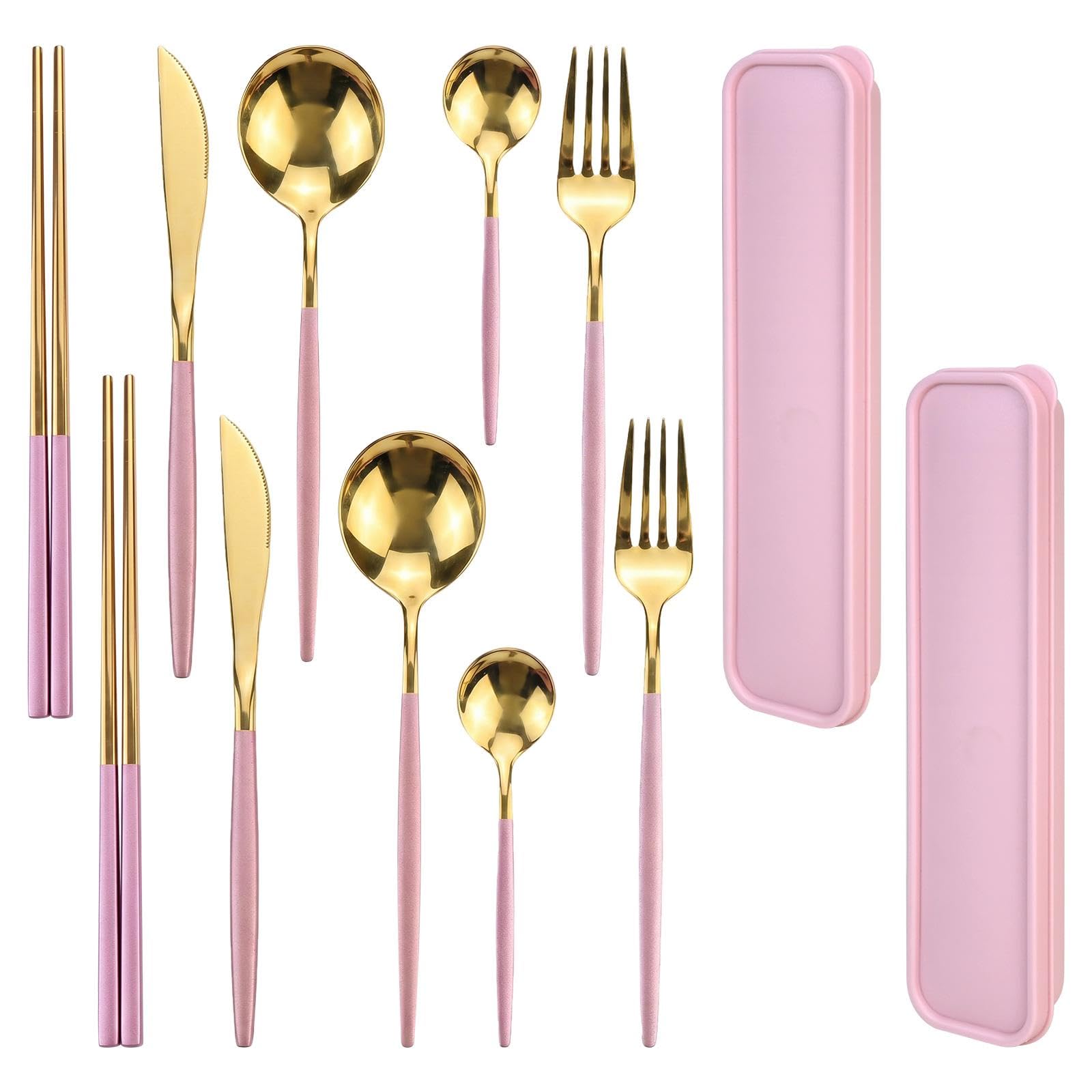 Travel Cutlery Set for 2, Reusable Stainless Steel Fork Spoon Chopsticks with Case, 5 Piece Ideal Portable Pink Lunch Cutlery Set for Work, Camping & Home