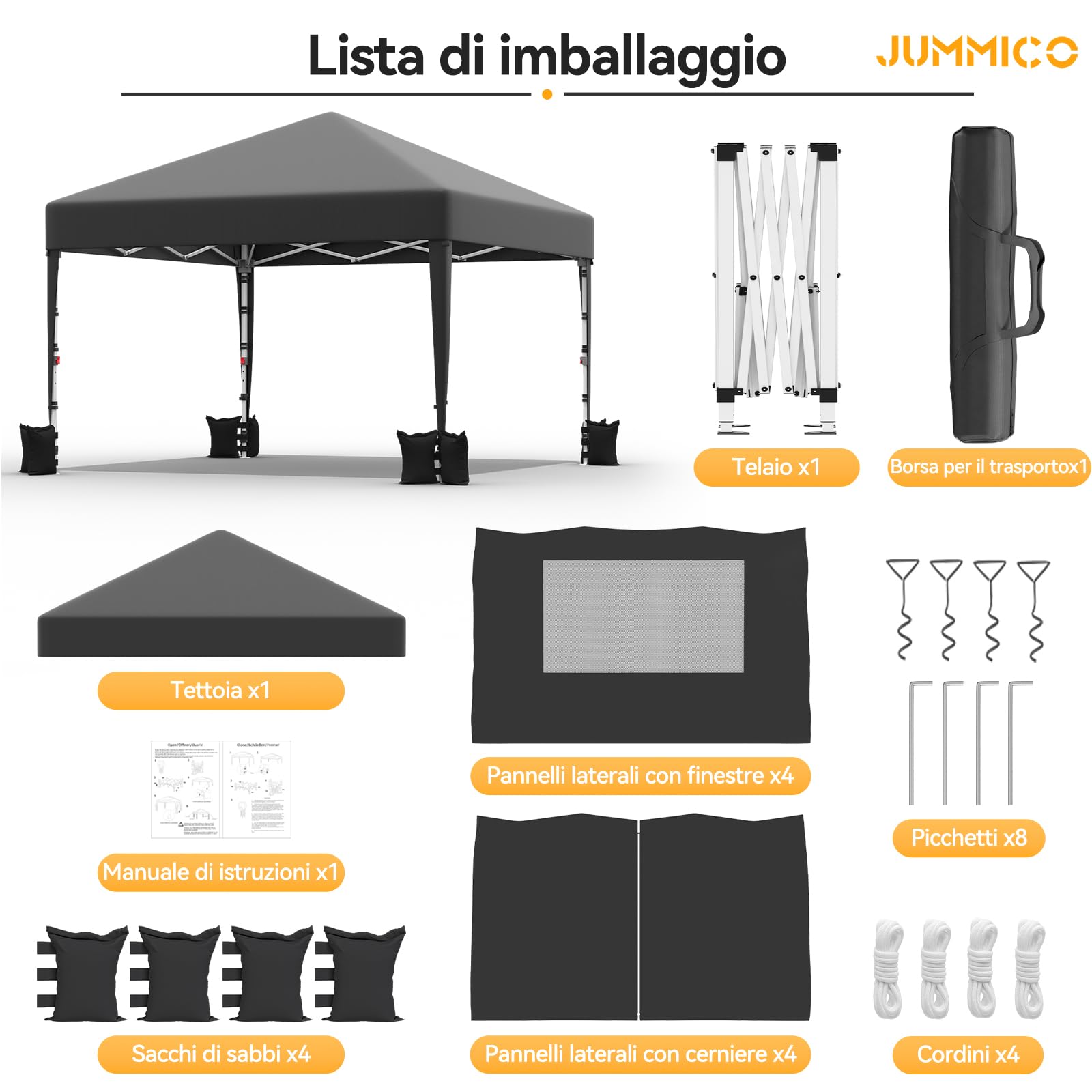 JUMMICO Gazebo 3x3 Pieghevole Impermeabile｜Zanzariera Arieggiata Anti-Insetti｜Robusto, Durevole, Impermeabile e Anti-UV｜Installazione e Rangement Rapidi｜Ideale per Cortile, Campeggio e Altro｜Grigio
