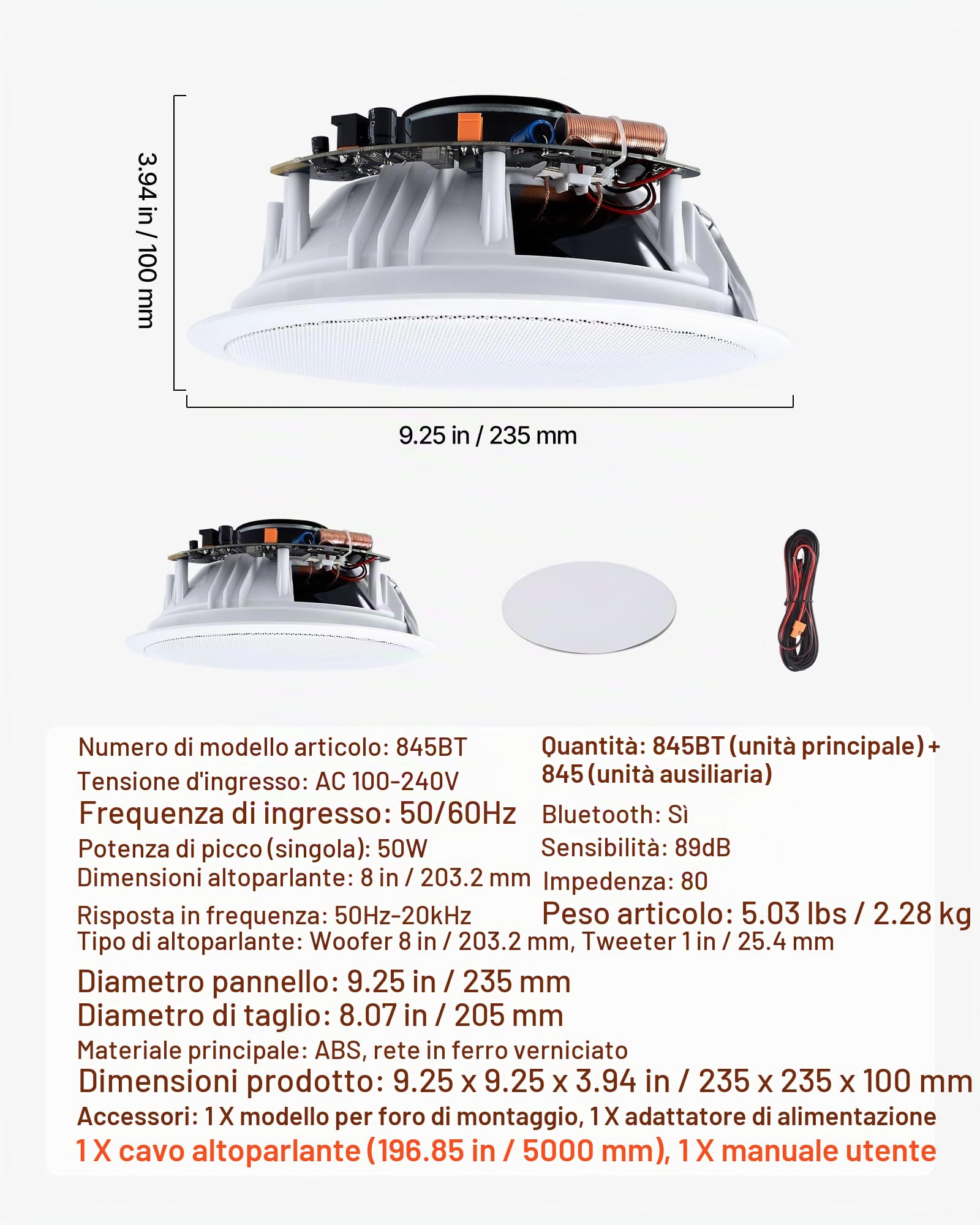 VEVOR Altoparlanti da Incasso a Soffitto 2 pezzi, Altoparlanti con Bluetooth da Incasso da Parete 203,2 mm per Uso Interno Soggiorno Home Theater Montaggio a 2 Vie Potenza Picco Singola 50 W