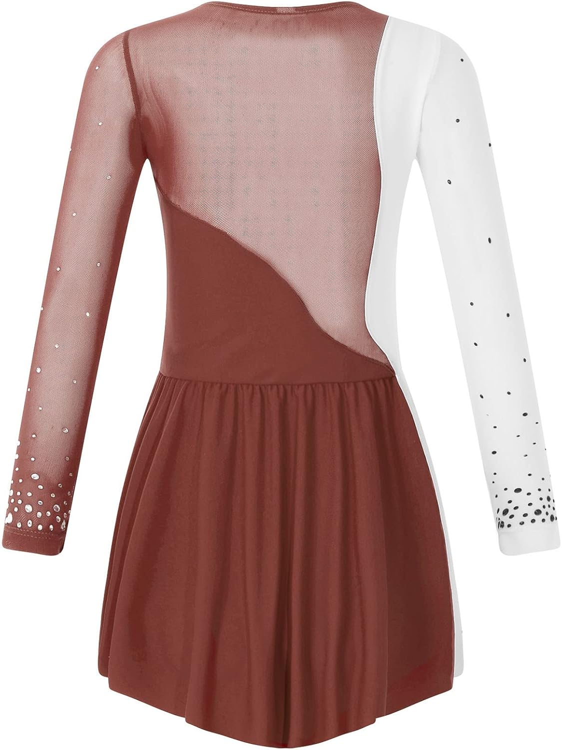 Kids Girls Long Sleeve Mesh Splice Shiny Ice Skating Dress Sequined Ballet Dance Leotards Performance Costume