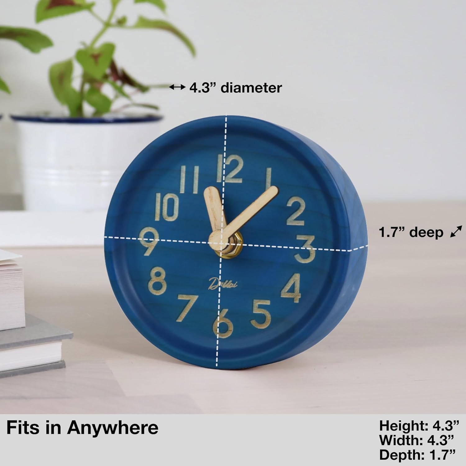 Driini Wooden Analog Desktop Clock – 4.3 in. Decorative Pinewood, No-Tick Design – Easy to Read Silent Sweep Mantle Clock – Quiet Tabletop Clocks with Wood Body, Hands, & Battery Cover; Blue