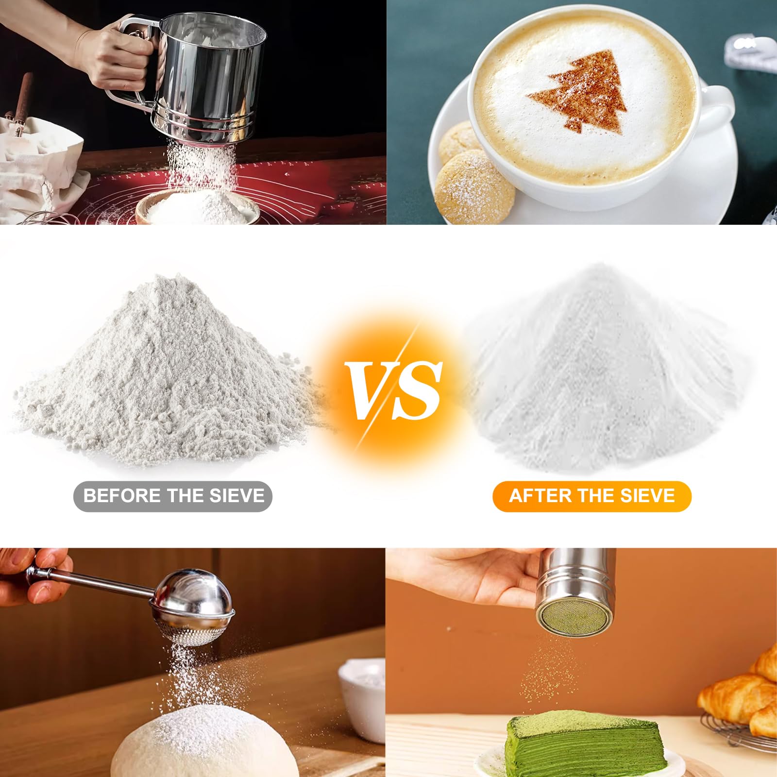 4 in 1 Mehlsieb Edelstahl, 5 Tassen Mehlsieb zum Backen, Sieb zum Backen mit Puderzucker Staubwedel Set, Mehlstreuer Staubwedel zum Backen von Kuchen, Torten, Gebäck, Desserts und Cupcakes