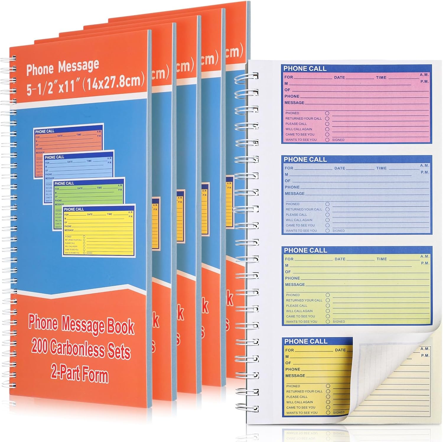 5 Pcs Spiral Bound Phone Message Book 5-1/2″ x 11″ 2 Part Colorful Carbonless Phone Message Pads 4 Messages Per Page Carbon Copy Notebook Spiral Phone Call Log Book for Business Office
