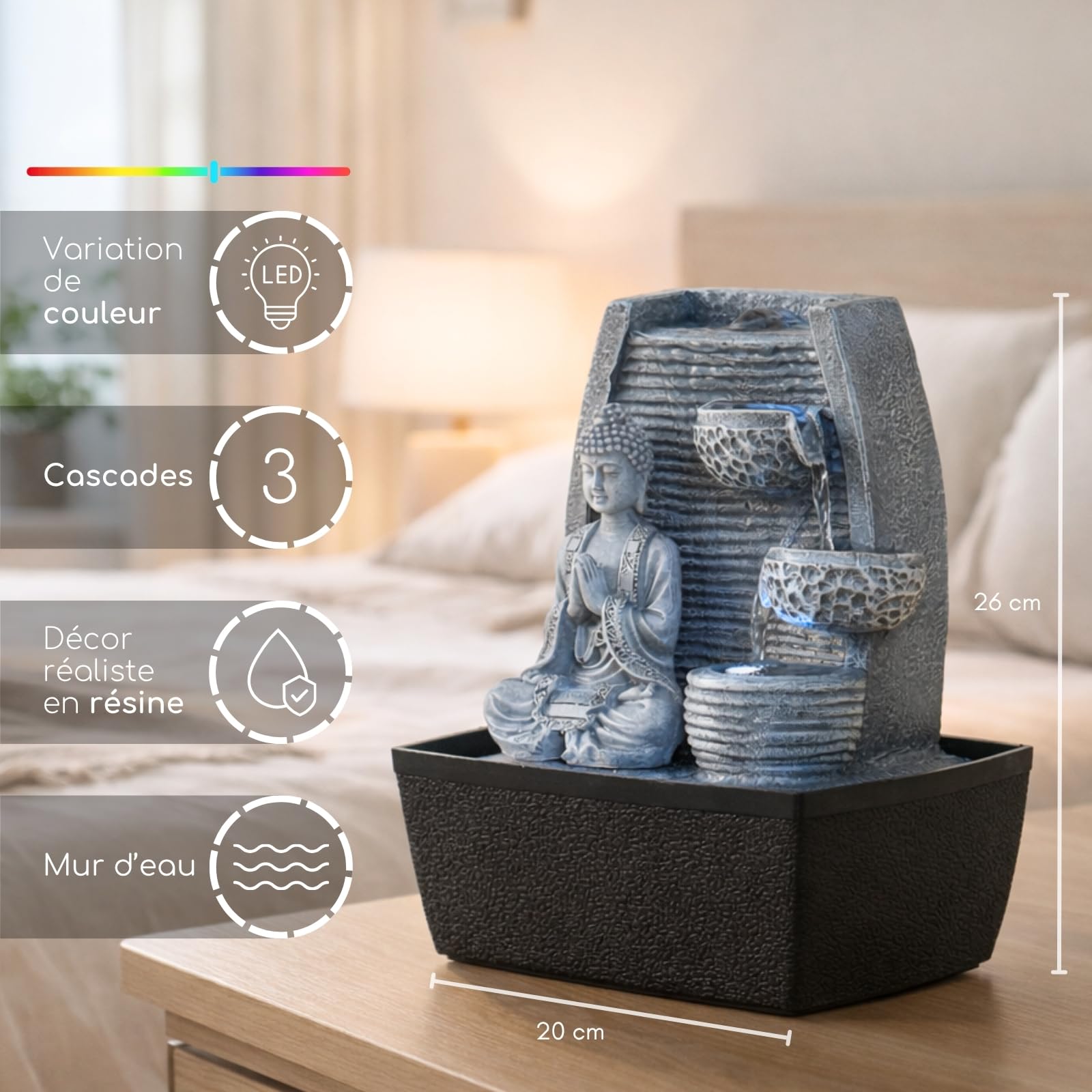 Fontaine d’Intérieur Mur d’Eau Cascade - Statue Bouddha Amovible- Fontaine de Table Lumière LED Blanc Circuit fermé - Décoration Zen Salon Chambre Feng Shui - Cadeau Utile- H 26cm - Sagesse Zen’Light
