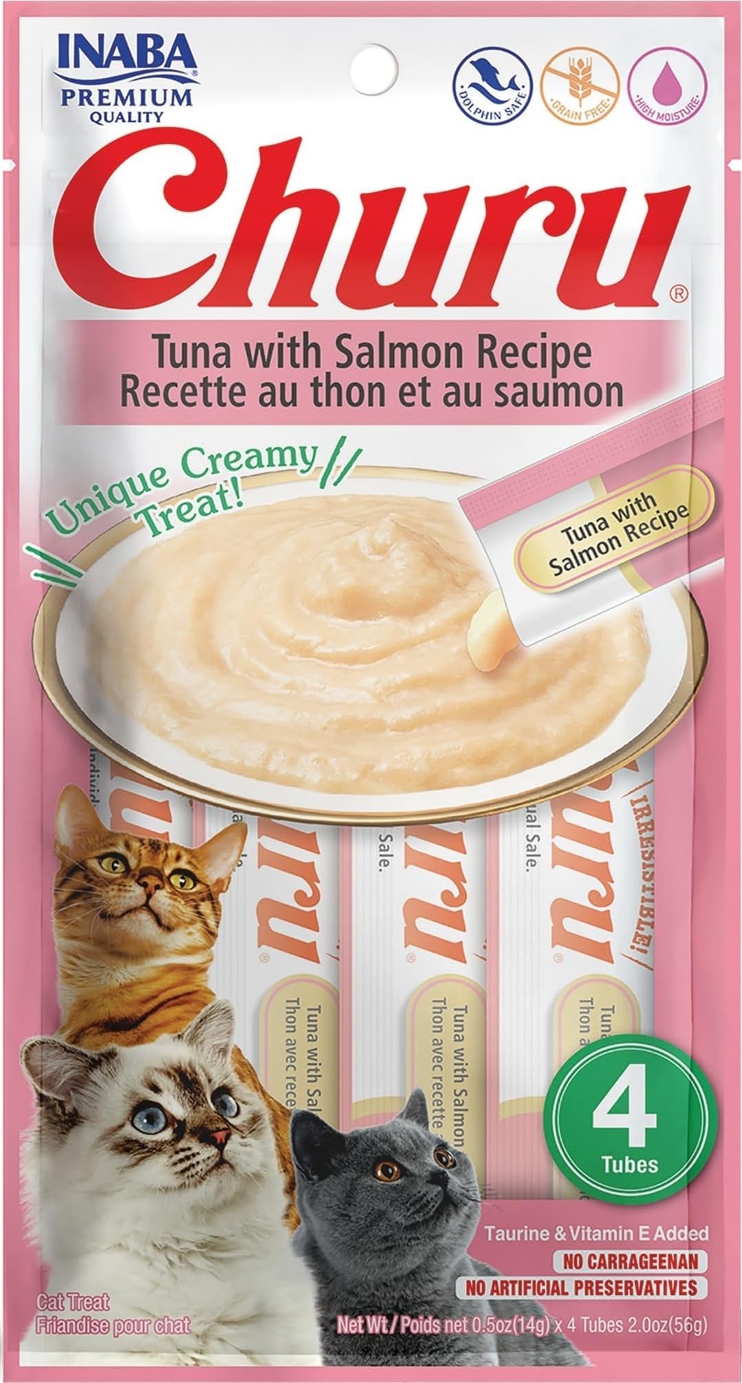 Churu Cat Treats, Grain-Free, Lickable, Squeezable Creamy Purée Cat Treat/Topper with Vitamin E & Taurine, 0.5 Ounces Each Tube, 4 Tubes, Tuna with Salmon Recipe