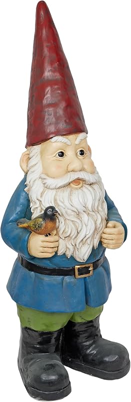 Alpine Corporation ZKD100 Gnomo de tamaño gigante con decoración de pájaros, estatua de gnomo caprichosa para patio y jardín, 48 pulgadas de alto, multicolor