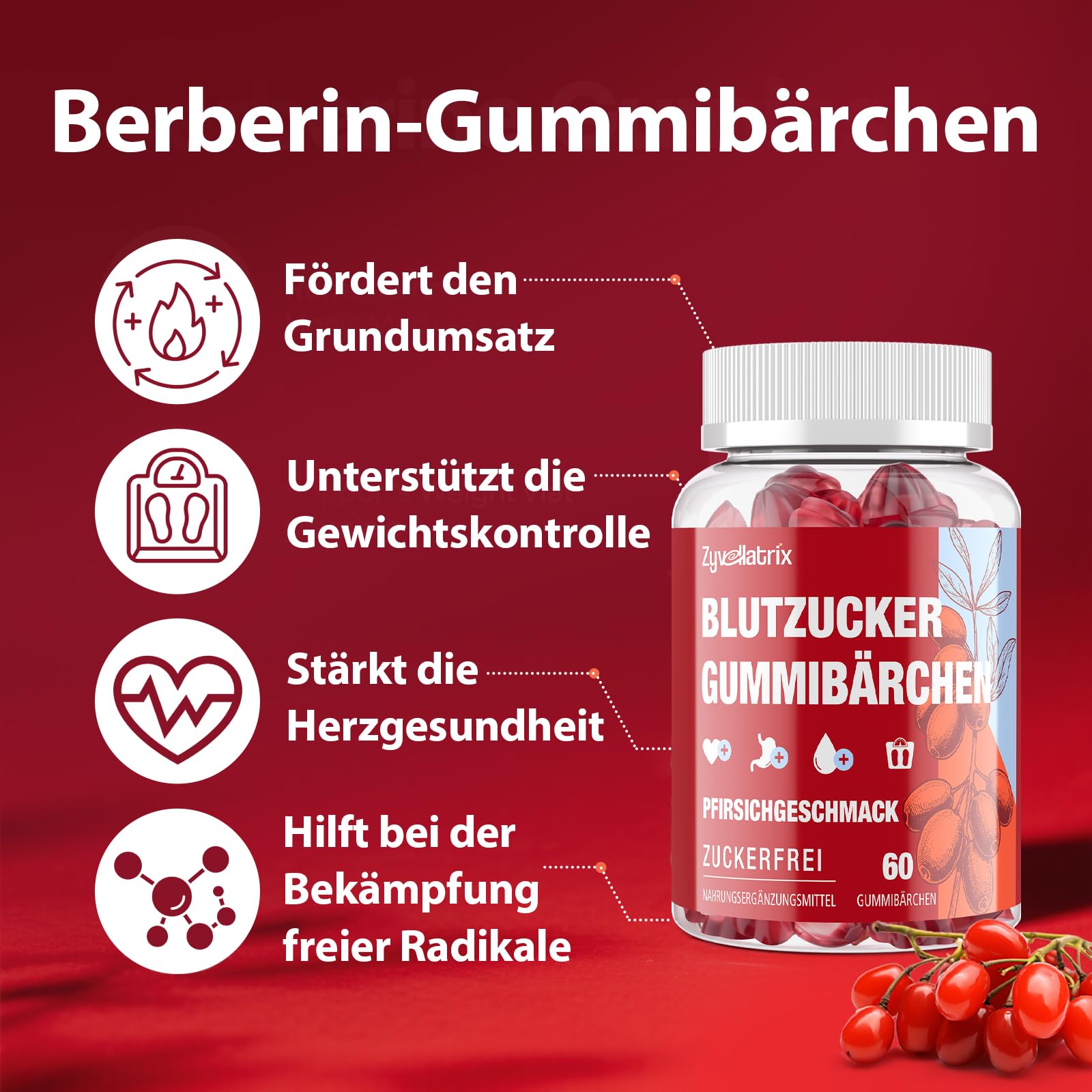 Berberin Gummies – 2000mg Hochdosiert Berberine – mit Ceylon-Zimt, Kurkuma, Schwarzem Pfeffer, Magnesium & Chrom – Zuckerfrei, Vegan – Unterstützt Gewichts & Herzgesundheit – 60 Pfirsich Gummibärchen