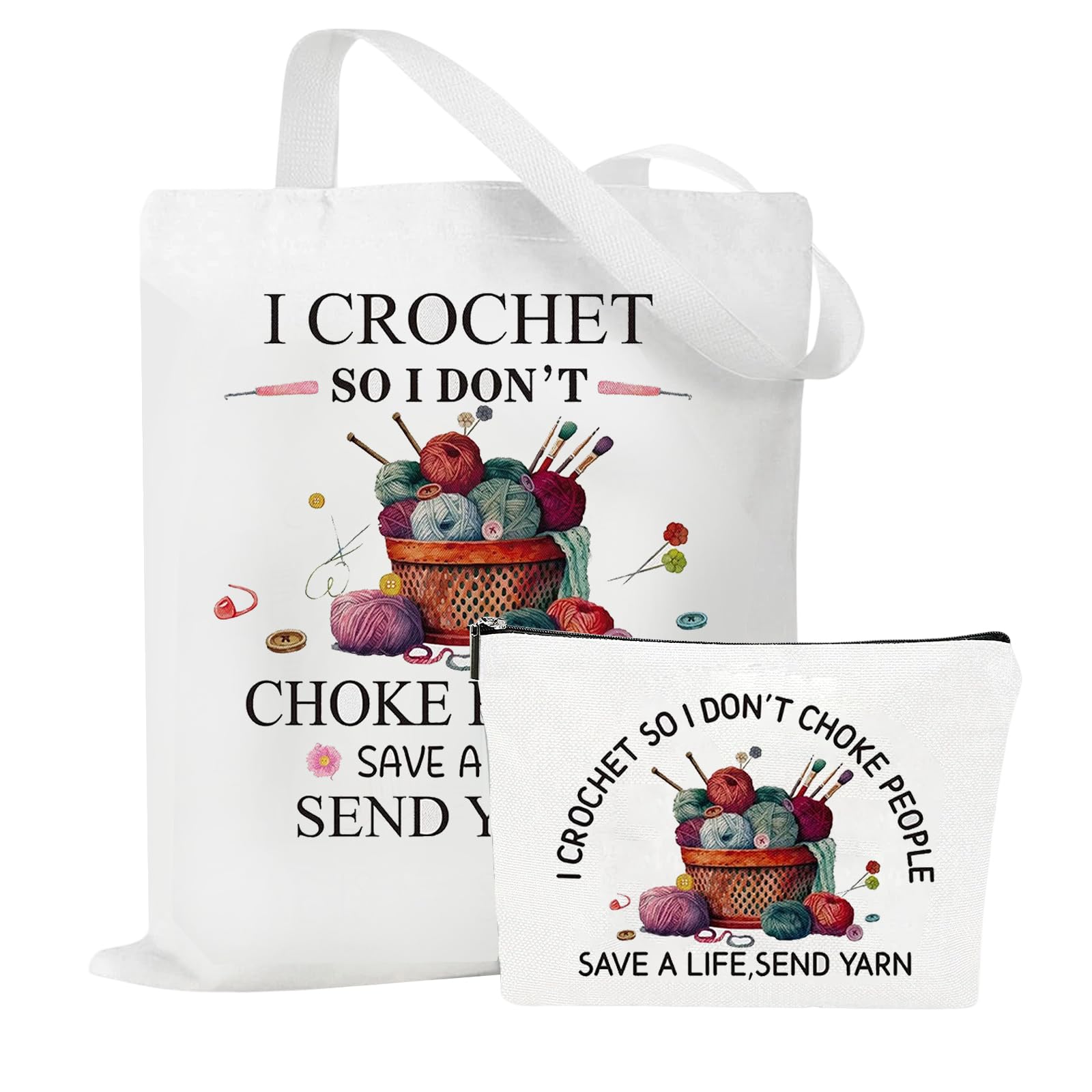 Komergave 2 Pcs Crochet Gift for Crochet Lover, Double-sided Printing Reusable Canvas Tote Bag with Makeup Bag, Funny Cosmetic Bag Knitting Gifts for Women Mum Grandma Mother’s Day Christmas Birthday