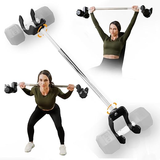 Dumbbell Barbell Converter Bar With Self Balancing Tech - 200 Lb Max Weight - 32 Inch Shaft Compatible With All Dumbbells Including BowFlex- Premium Steel & Iron Barbell for Dumbbells Attachment