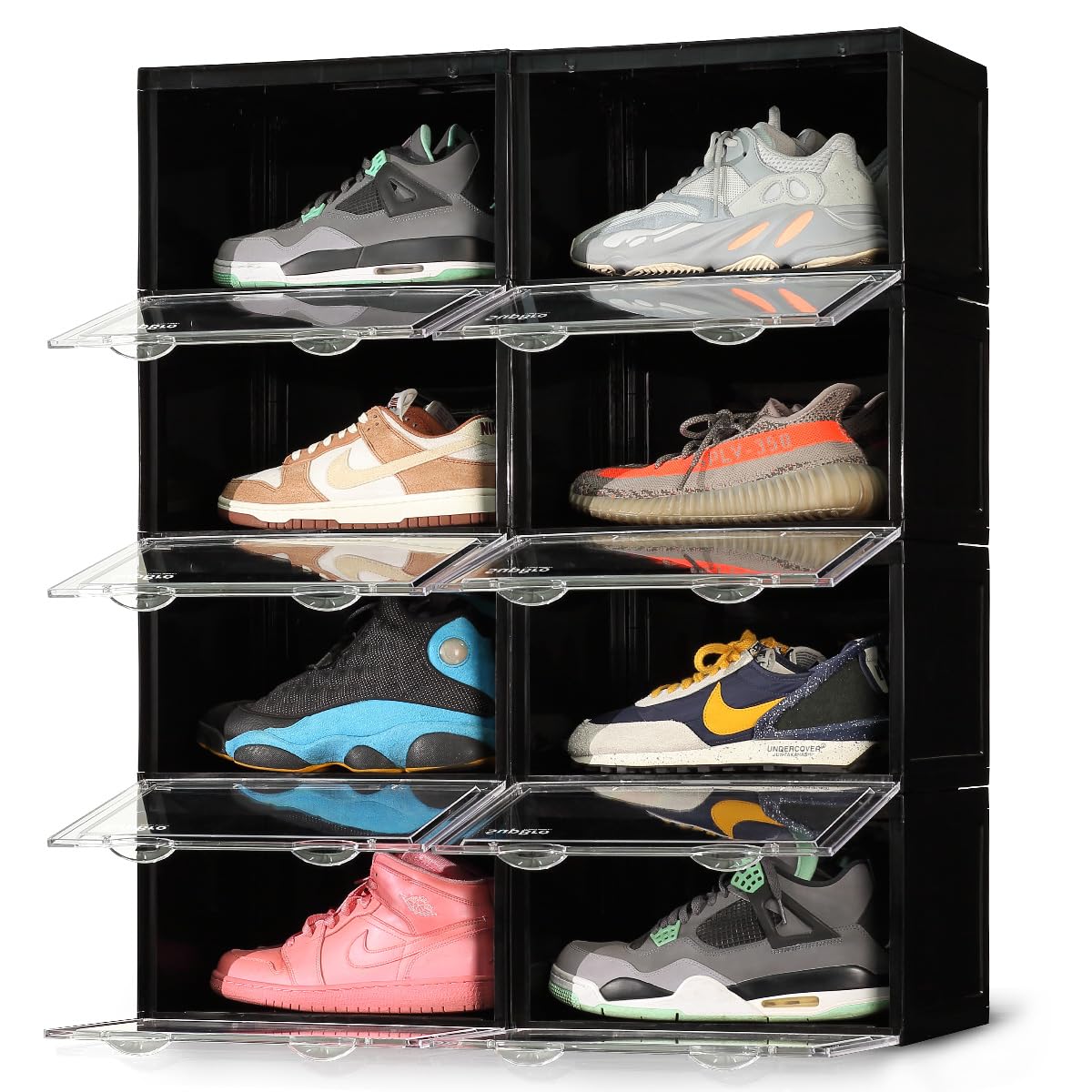 SupBro Collection Crate - Scatola per scarpe di facile accesso, in plastica, pieghevole, impilabile, con porta aperta laterale trasparente, confezione da 8 (nera)