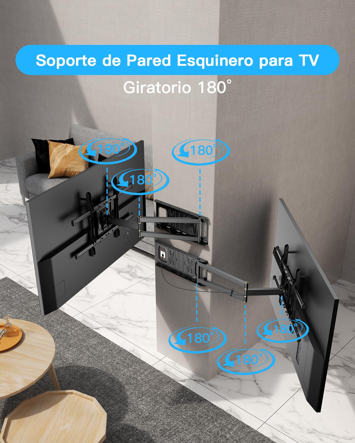 Soporte de Pared para TV de Largo Alcance con Extensión de 650mm, Soporte TV Pared Esquinero Giratorio e Inclinable para Tv de 32-70 Pulgadas Planas y Curvas de hasta 35kg, VESA máx. 600x400mm