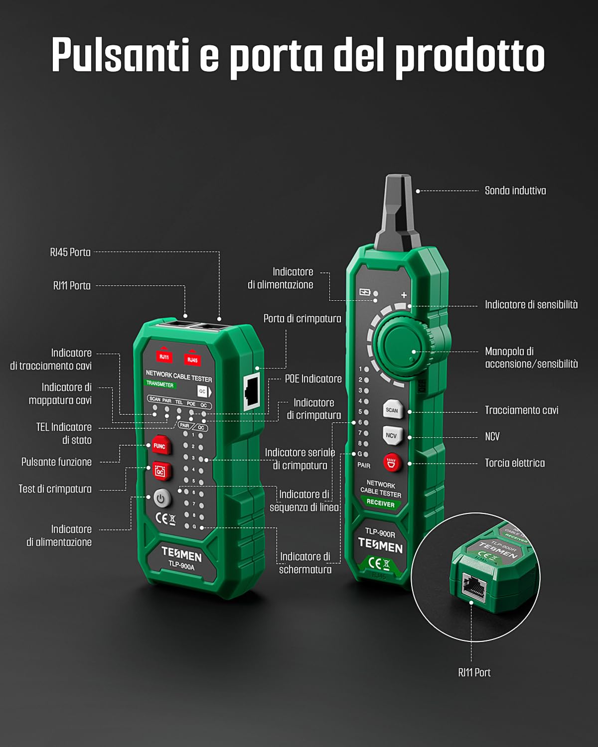 TESMEN TLP-900AR Tester per cavi di rete, RJ11 RJ45, per CAT5/6/POE/STP, con accoppiamento, Continuità, QC e NCV, adatto per Ethernet, Telefono, Manutenzione e smistamento dei cavi - Verde