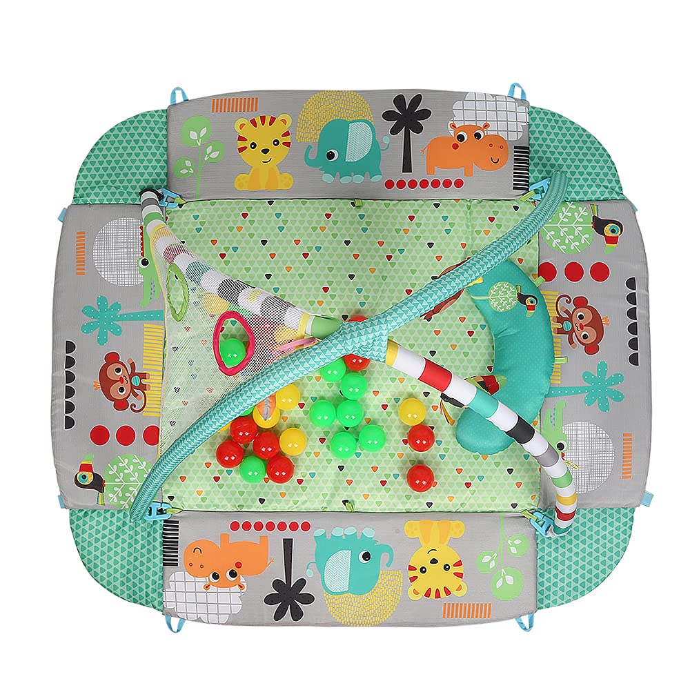 Tapis eveil bebe tapis de motricité facile à nettoyer et pliable avec jouets suspendus design contrasté et tapis moelleux (Piscine Balles)