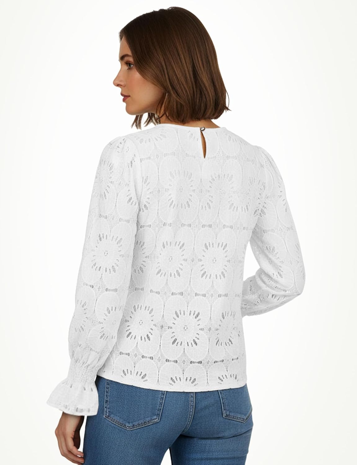 Women's Eyelet Lace Blouse Long Sleeve Crochet Embroidered Tops Dressy Casual Crew Neck Boho Shirt Fall Fashion - Image 5