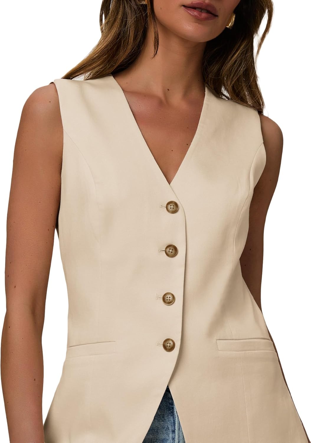 Mina Self 2026 Summer Women's Linen Sleeveless Vest Tops Blazer - Lightweight Fully V-Neck Casual Trendy Work Jacket Pockets - Image 6