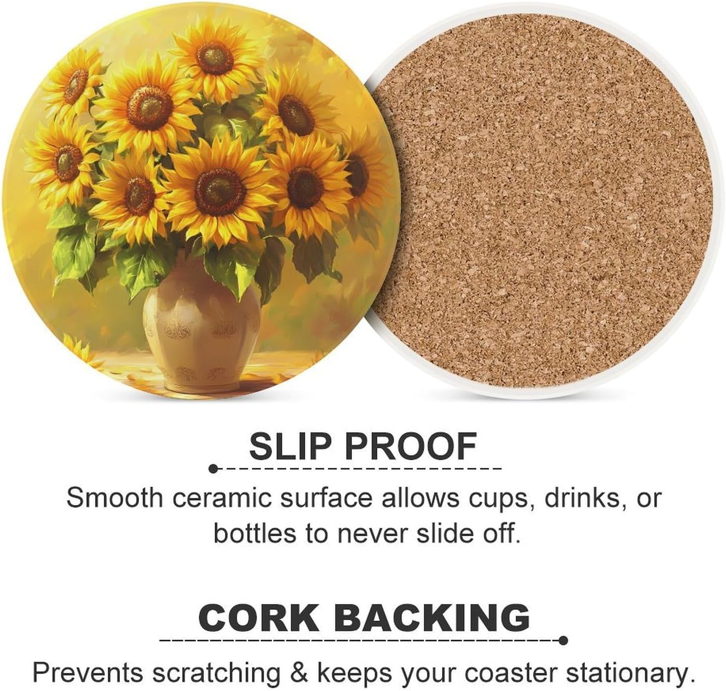 Beautifu Sunflowers Painting Round Ceramic Coasters Print Drinks Absorbent with Cork Base for Home Decor Gifts 4 Inch