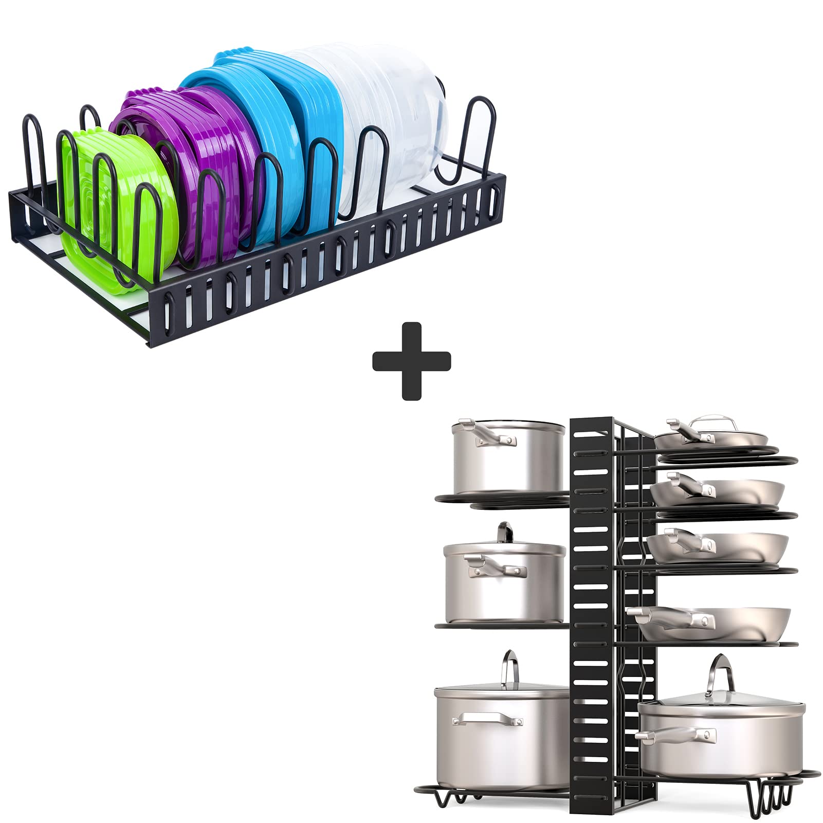 GeekDiggPots and Pans Organizer with 3 DIY Methods, and Food Container Lid Organizer with Adjustable Dividers