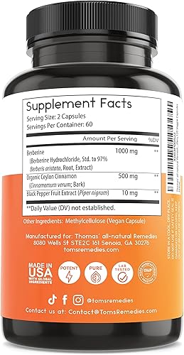 Miniatura 6 de Thomas' all-natural Remedies Berberina 500mg (1000mg por porción)- 120 cápsulas veganas - con canela de Ceilán y pimienta negra - Apoya la función