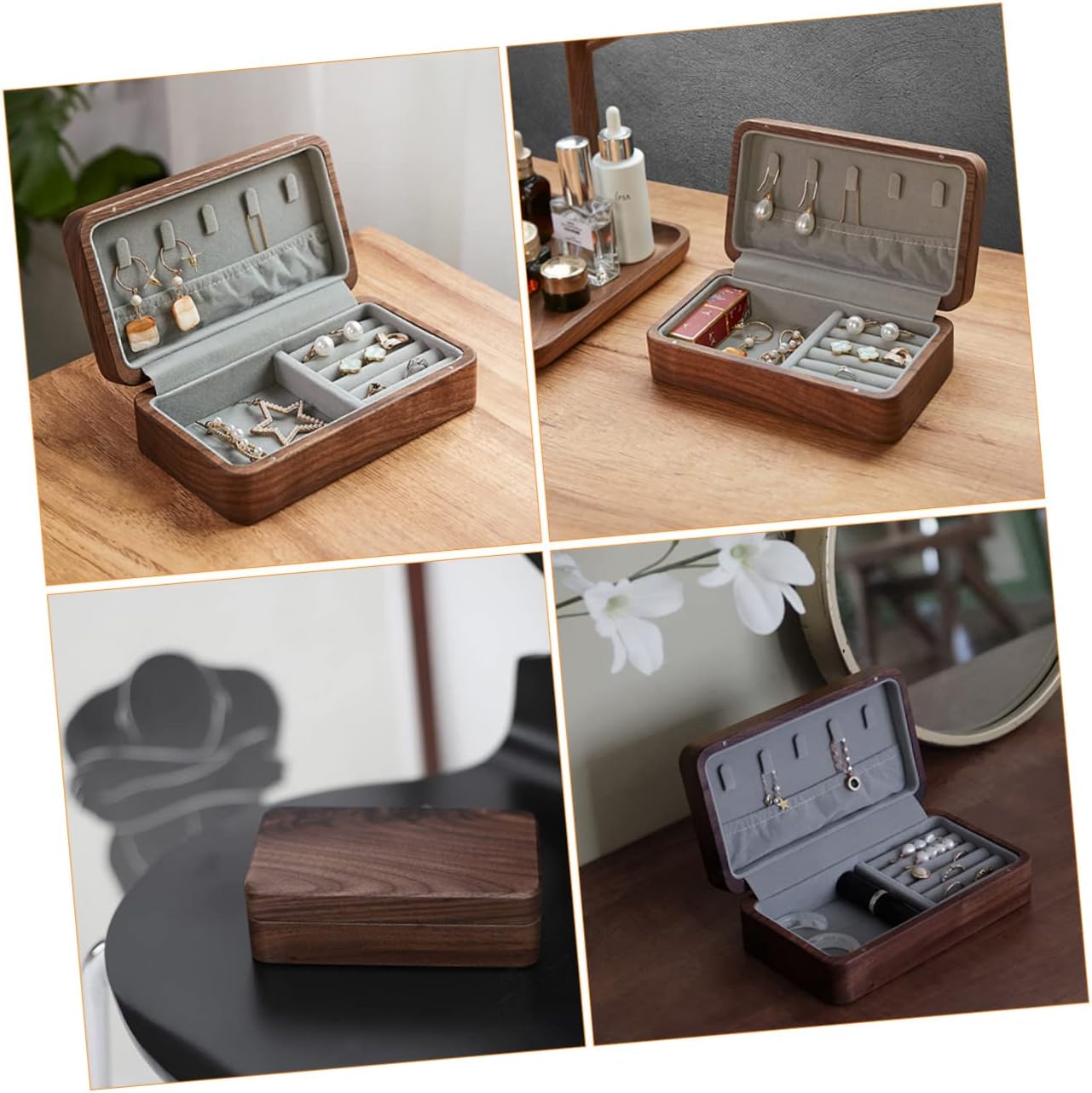 Portable Retro Black Walnut Jewelry Box Travel Case with Magnetic Closure Soft Sponge Protection for Rings Necklaces and Earrings image 3