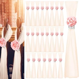 Olgaa Wedding Aisle Decorations for Ceremony Set of 24 Wedding Chair Pew Flowers Church Decorations with Artificial White Roses Flowers and Rhinestone for Weddings Party Bench Pew Aisle Decor (Pink)