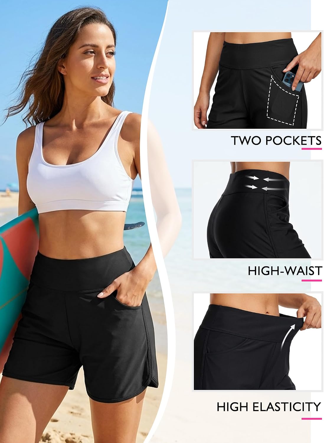 Buauty Women's 5" Swim Board Shorts Quick Dry High Waisted Swimsuits with Liner Pockets UPF 50+ Bathing Suits Bottoms Trunks
