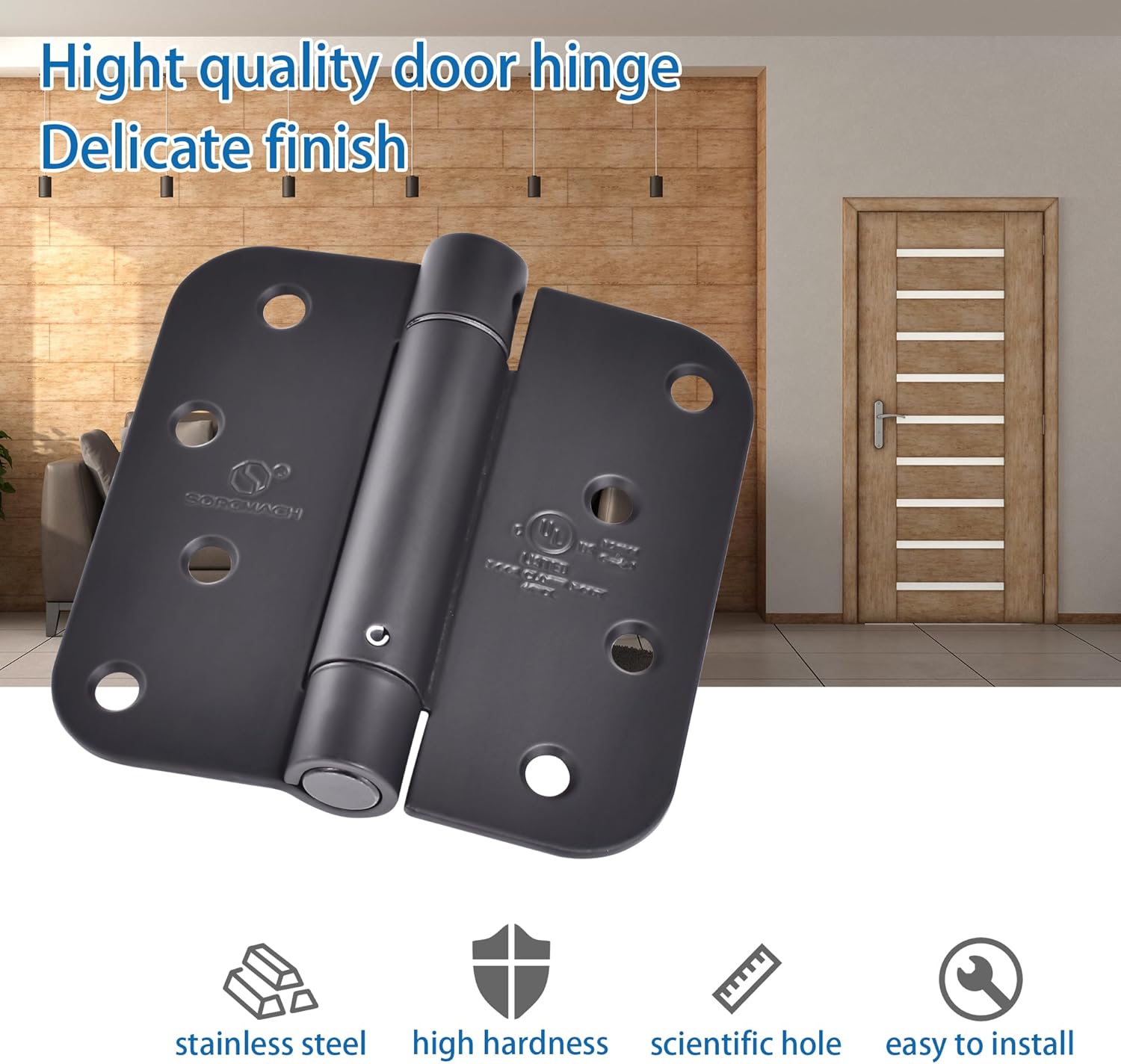 Self Closing Door Hinges 4 inch Matte Black Auto Close Hinge Adjustable 4 x 4 Inch Spring Hinges 5/8" Radius Corner Commercial Auto Door Closer Hinge UL Listed, 6 Pieces