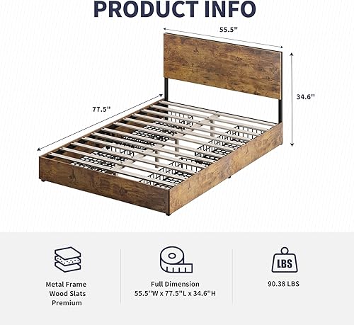 Miniatura 2 de ZAFLY Base de cama de plataforma de tamaño matrimonial, marco de cama de madera industrial con cajones de almacenamiento y cabecera de madera,