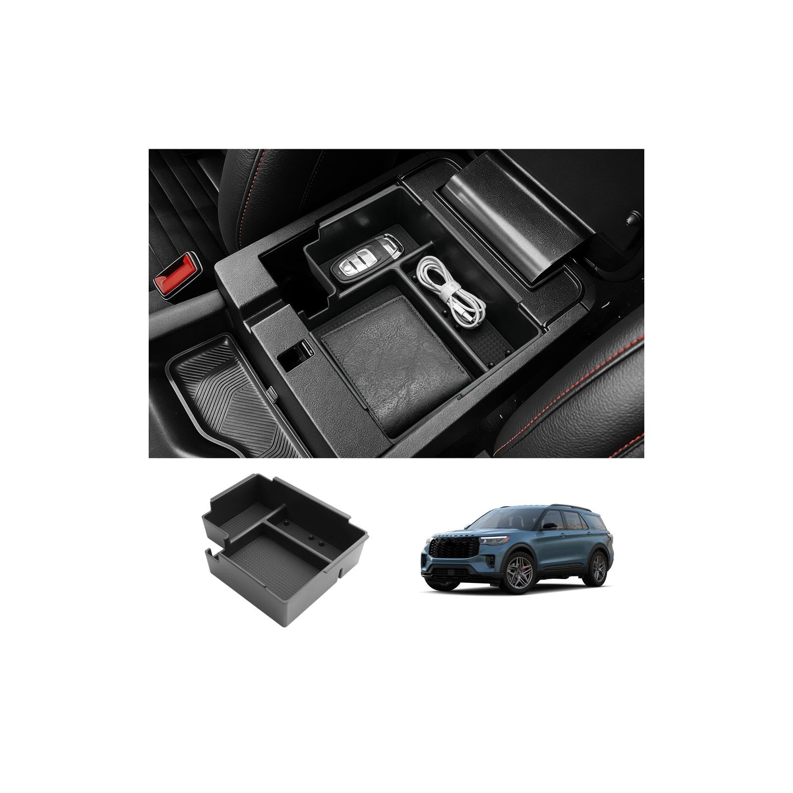 LUWU Upgrade 2026 2027 Explorer Center Console Organizer Compatible with 2025 2026 2027 Ford Explorer Accessories Armrest Console Storage Box Insert Tray ABS Material Coin Container Black