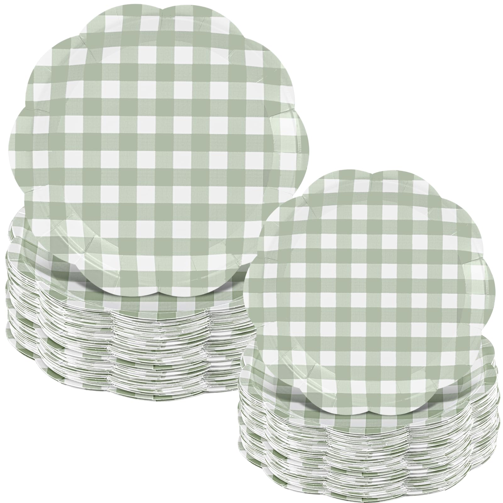 Maxdot 100 Pack Sage Green and White Paper Plates Gingham Party Decoration 9" & 7" Checked Plaid Disposable Dessert Plates Tableware for Baby Shower Wedding Birthday Party Supplies