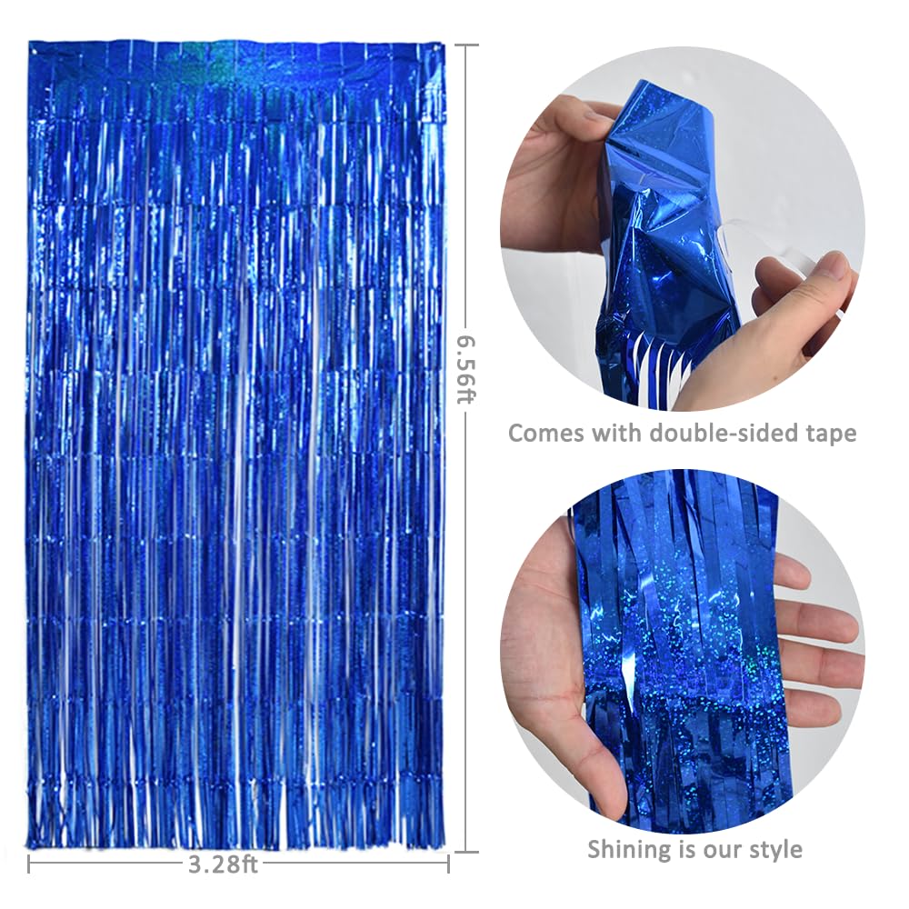 TONIFUL 3Pcs Laser Blue Door Streamers, Photo Booth Backdrop Metallic Streamers Foil Fringe Curtains for Birthday, Christmas, New Year, Bachelorette, Grad Party Decor (9.9ft x 6.6ft)