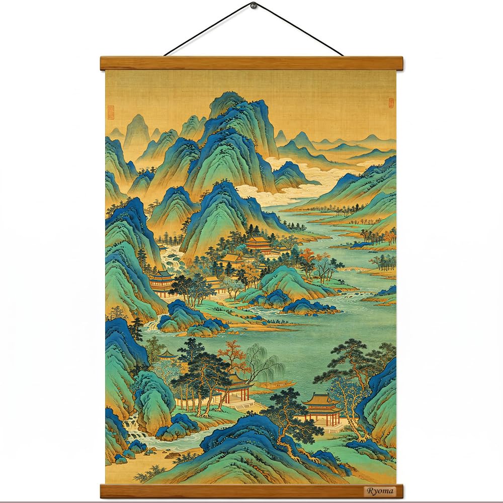 Ryoma Chinese Traditional Style Scroll Wall Art, Wooden Hanging Scroll Canvas Painting,HD Watercolor Print Canvas Wall Decor 16x24in (China Rivers Mountains)