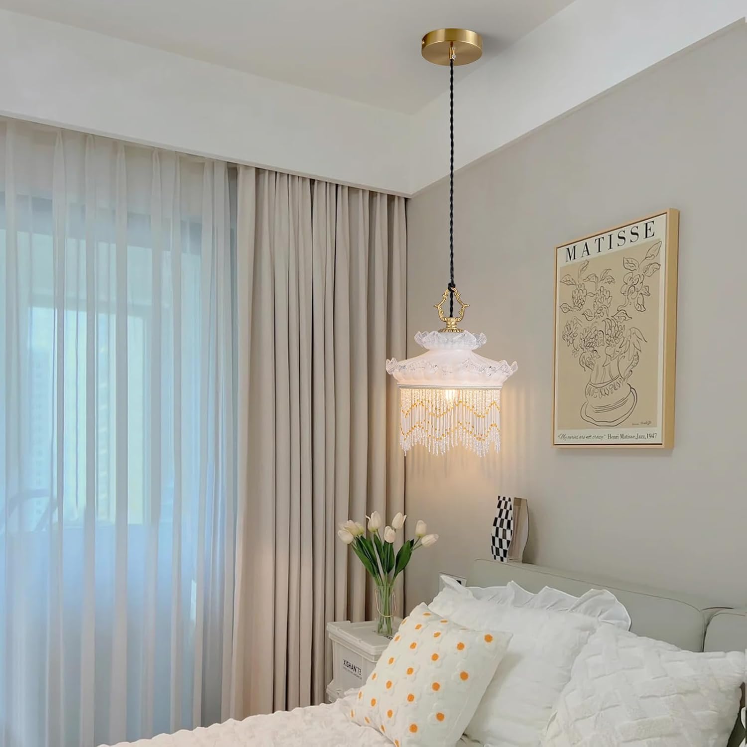 Brass Vintage Glass Pendant Light Cream Style Glass Tassel Chandelier,Adjustable Height Pendant Lights for Dining Room Kitchen Island Bedroom Hallway