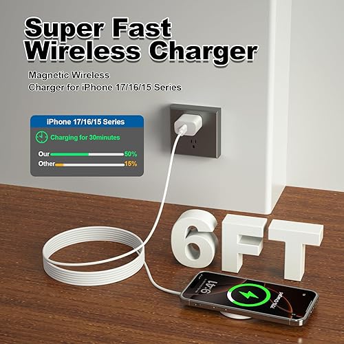 Miniatura 2 de MagSafe Charger iPhone Wireless Charger 15W Apple MagSafe Charger 6FT iPhone Magnetic Charger for iPhone 17 16 15 14 13 12 11 Pro Max PlusAirPods