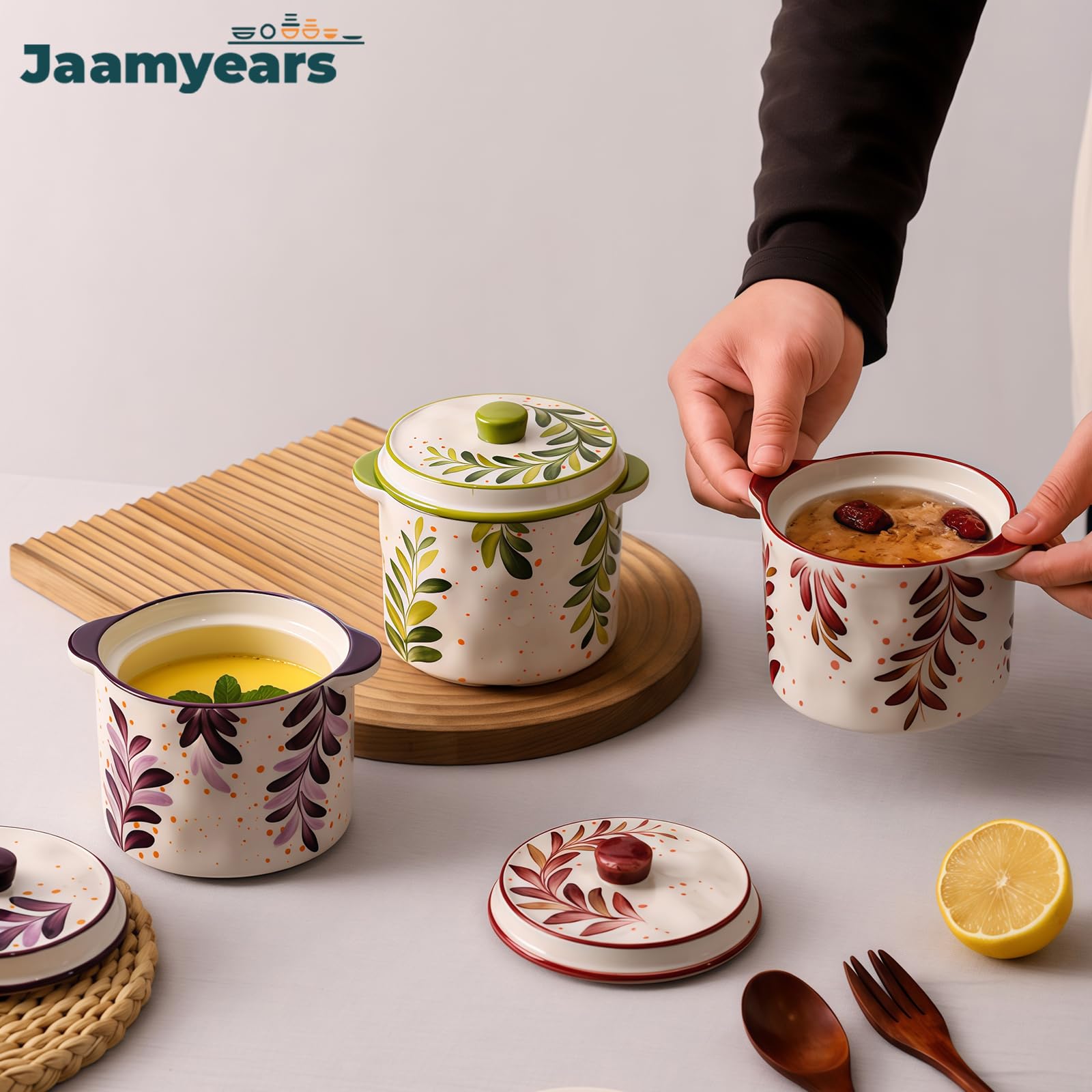 Miski do zupy 500 ml, ceramiczne kubki do zupy z uchwytami i pokrywką, jednolity kolor, naczynia nadają się do serwowania w piekarniku, idealne do zupy cebulowej i bulionu, nadają się do kuchenki