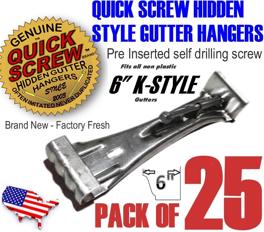 Quick Screw 6 inch Aluminum Hidden Rain Gutter Bracket Hook Clip Style Hangers with pre Inserted 3 Long ¼ hex Head self Drilling Screw (25 Per Package)