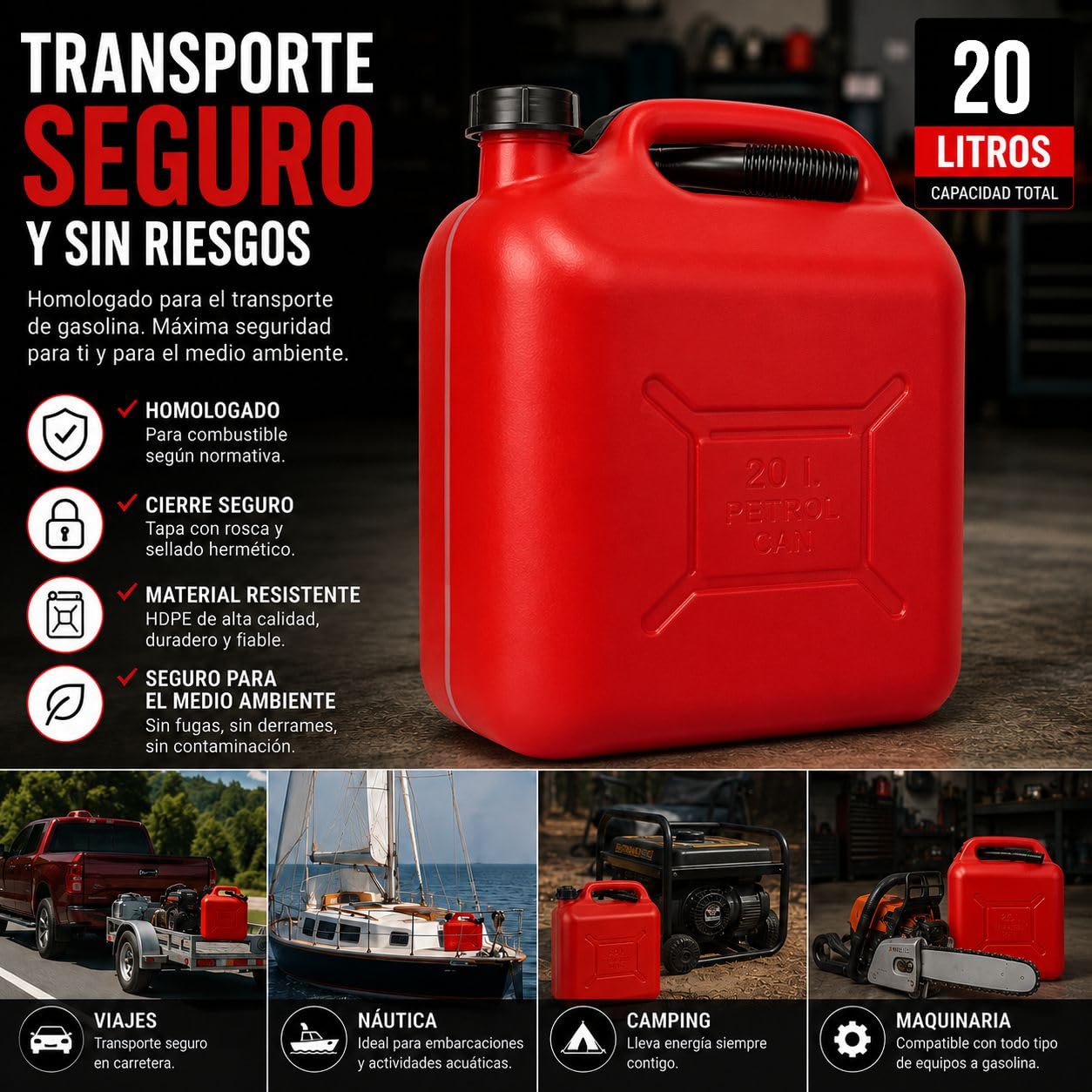 Jerrican Essence 20L Homologué Plastique avec Jauge de Niveau - Bidon Carburant Pack 3 Unités - Pour Essence Gasoil et Diesel, 60L Total