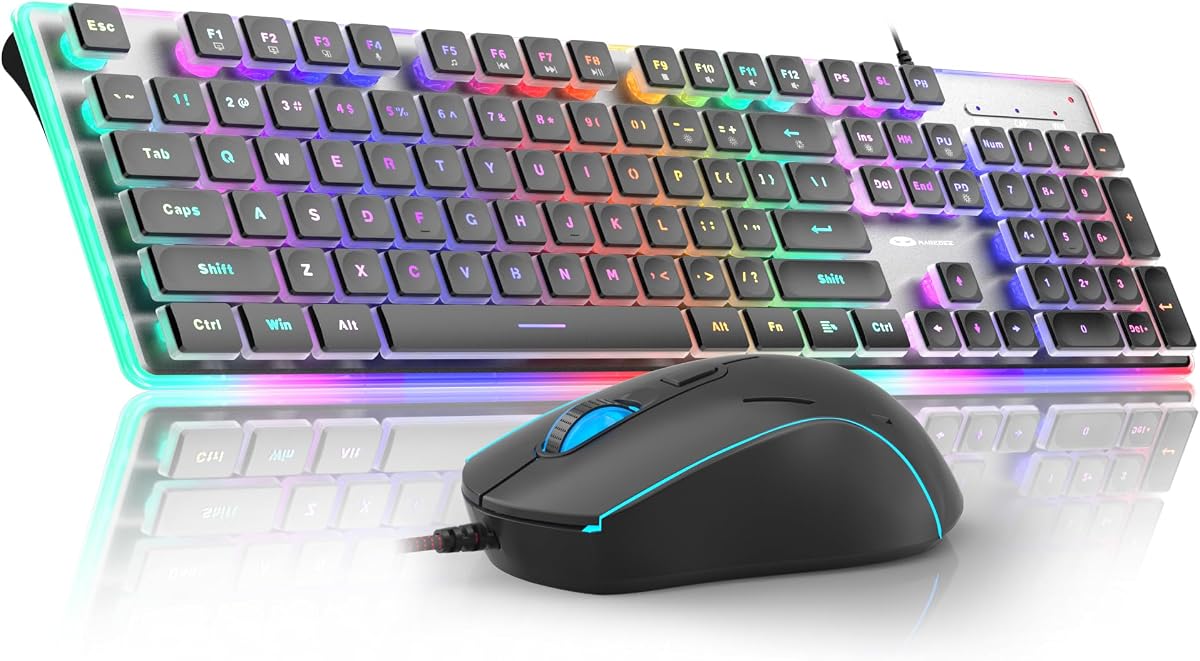 Camiysn Teclado y Ratón Cremoso para Juegos, Combinación de Ratón RGB de 104 Teclas Negras y Ratón RGB de 6 Velocidades, Teclado de Computadora Silencioso con Teclas de Pudín para Computadora/PC/Laptop/Mac/Windows/Office